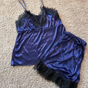 Midnight Blue Elegant Eye Lash Lace Trim Sleepwear Set Size S